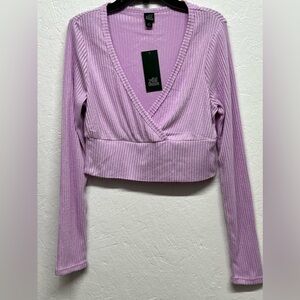 𝅺WILD Fable - Cropped Rib Knit Long Sleeve V-Neck Top